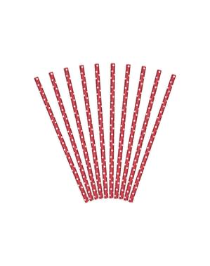 10 pailles rouges à pois blanches en papier
