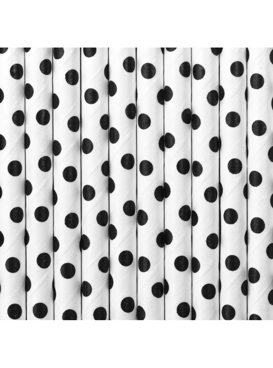 10 pajitas blancas con lunares negros de papel - Meow Party