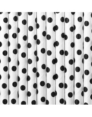 10 pailles blanches à pois noirs en papier - Meow Party