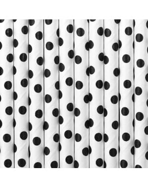 Papierstrohhalm Set 10-teilig weiß mit schwarzen Punkten - Meow Party