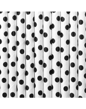 Set 10 bílých papírových slámek s černými puntíky - Meow Party