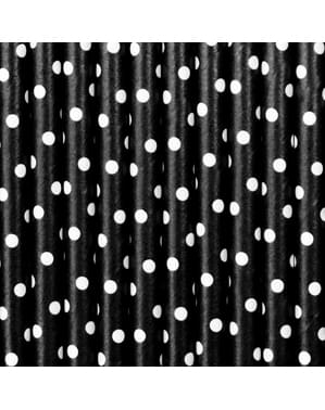 Papierstrohhalm Set 10-teilig schwarz mit weißen Punkten - Meow Party