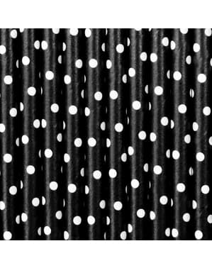 10 melnās papīra salmu komplekts ar baltiem polka punktiem - Meow Party