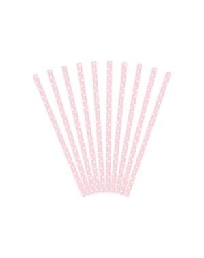 10 pailles roses pastel à pois blanches en papier - Gold Bridal Shower