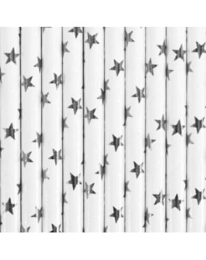 10 White Paper Straws ezüst csillagok
