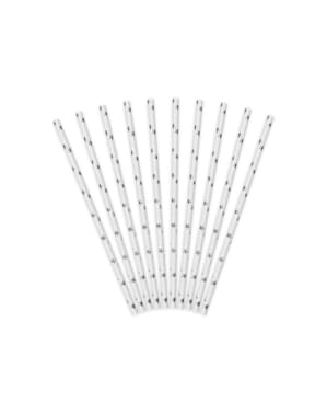 10 White Paper Straws ezüst csillagok