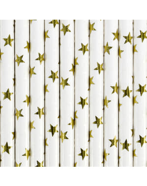 10 White Paper Straws Gold Stars - Happy New Year Collection