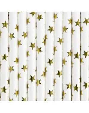 Комплект от 10 бяла хартиена слама със златни звезди - колекция Happy New Year