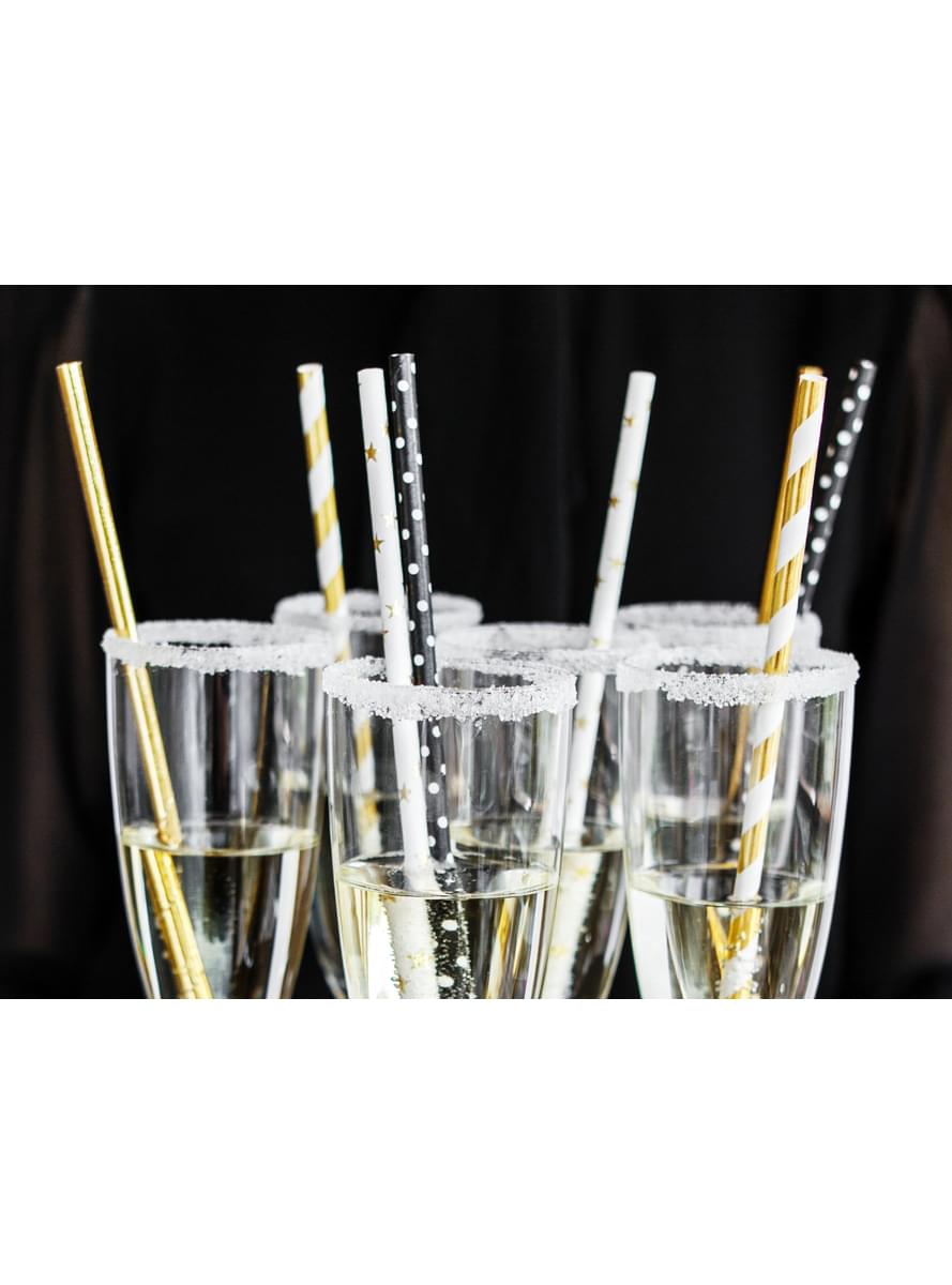 10 Hvide Papir Sugerør med Guldstjerner - Happy New Year Collection