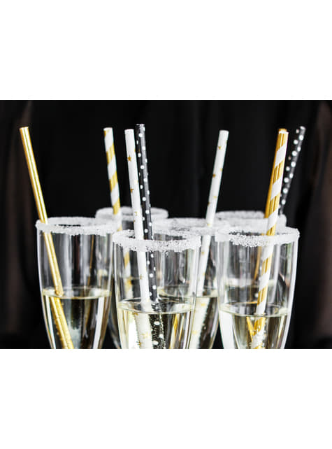 10 White Paper Straws with Gold Stars - Happy New Year Collection