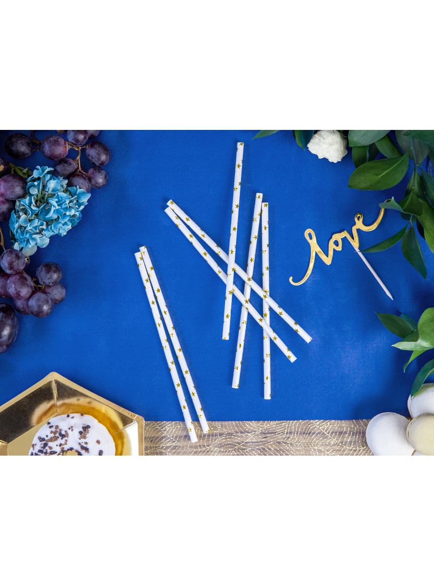 10 pajitas blancas con estrella doradas de papel para nochevieja - Happy New Year Collection