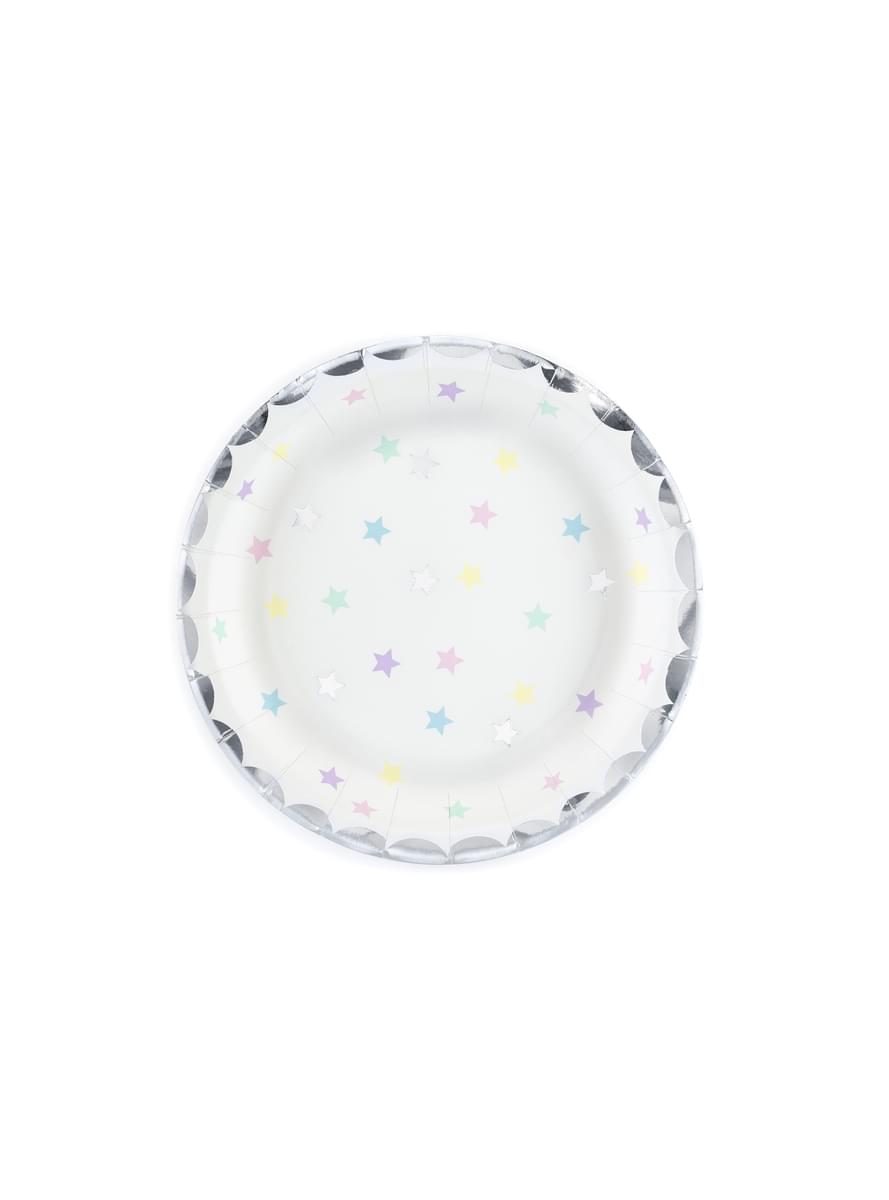 6 Hvide Papirtallerkner med Flerfarvede Stjerne (23cm) - Unicorn