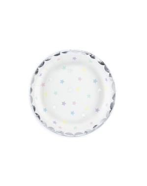 Комплект от 6 чинии от бяла хартия с многоцветни звезди - еднорог