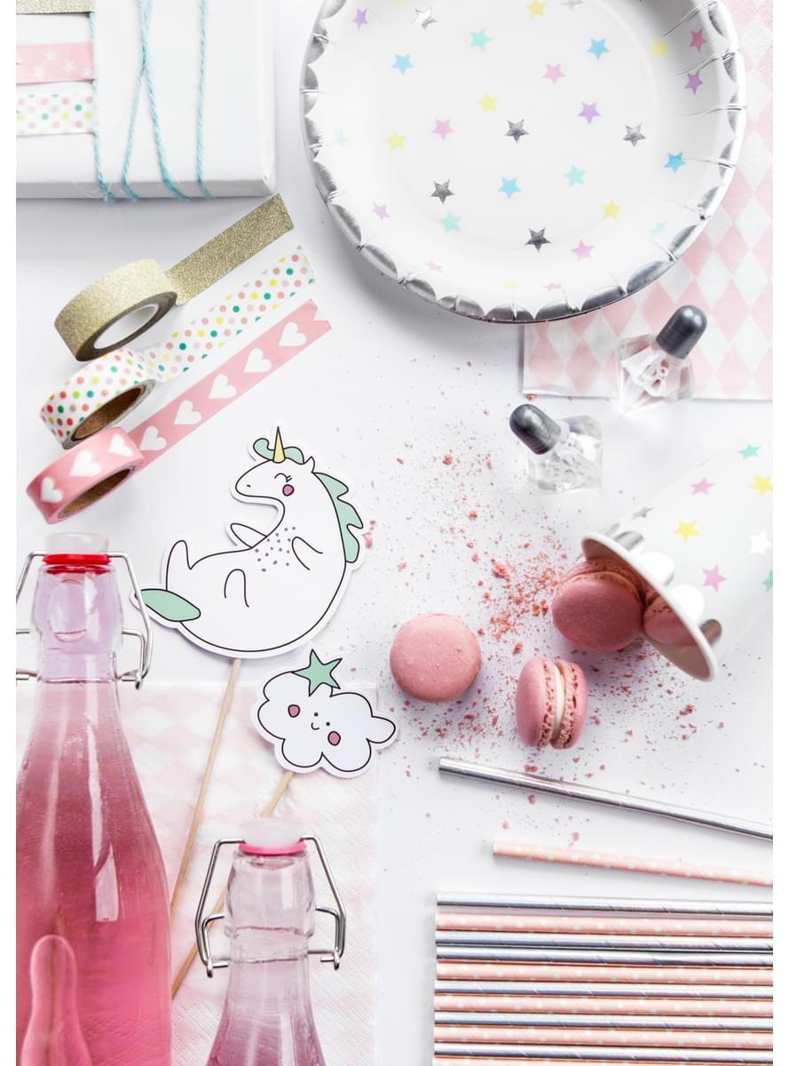 6 papperstallrikar vita med flerfärgade stjärnor (18 cm) - Unicorn