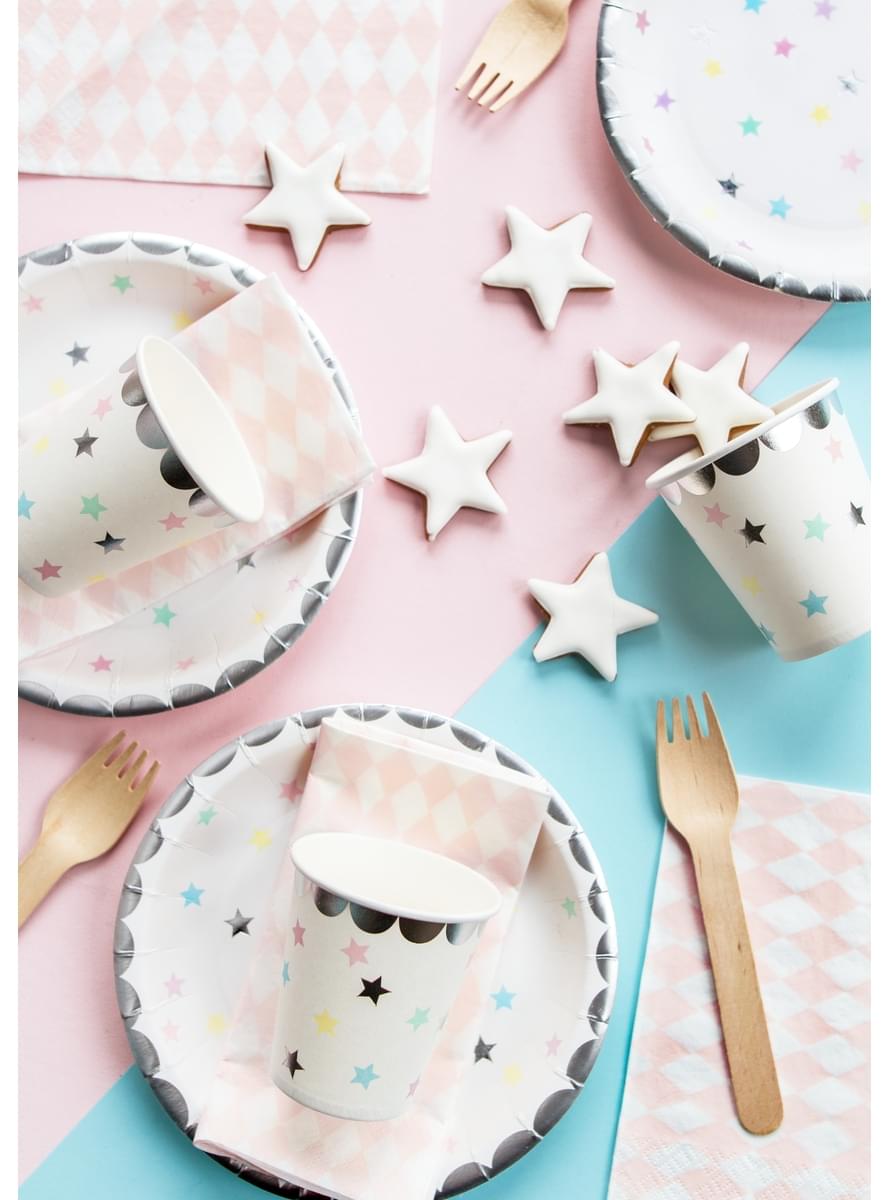 6 Pappteller weiß mit bunten Sternen (18cm) - Unicorn