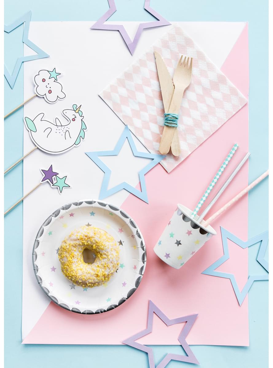 6 White Plates with Multicolor Stars (18cm) - Unicorn