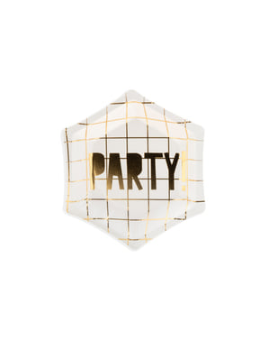 6 "पार्टी" का सेट हेक्सागोन पेपर प्लेट्स, व्हाइट एंड गोल्ड - नया साल मुबारक संग्रह