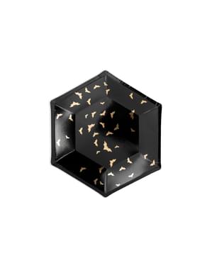 Set 6 černých papírových talířů se zlatými netopýry - Trick or Treat Collection