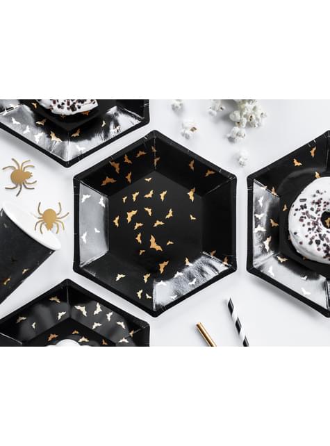 6 platos negros con murciélagos dorados de papel (20 cm) - Trick