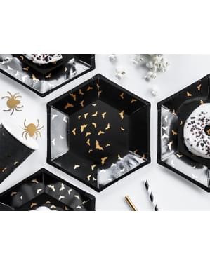 6 platos negros con murciélagos dorados de papel (20 cm) - Trick or Treat Collection