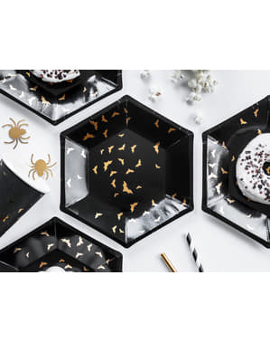 6 zwarte papieren borden met gouden vleermuize (20 cm) - Trick or Treat Collectie