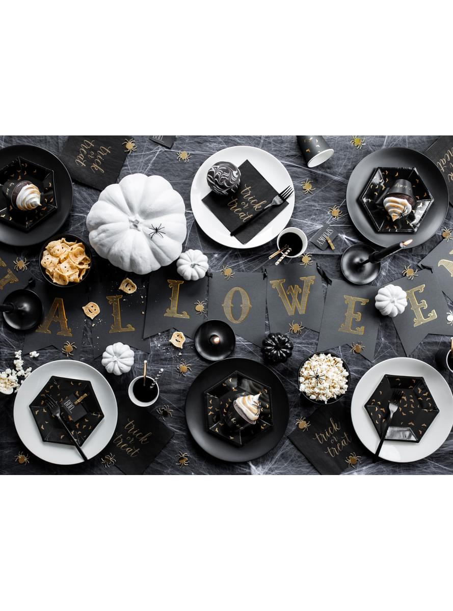 6 assiettes noires avec chauv-e-souris dorés en carton (20 cm) - Trick or Treat Collection
