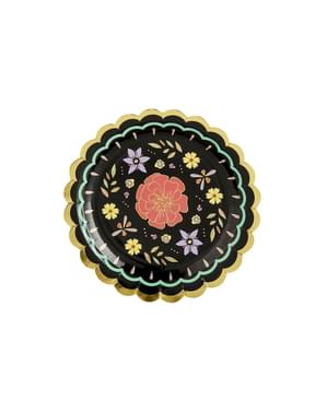 Çok renkli çiçekli 6 siyah kağıt tabak seti - Dia de Los Muertos Collection