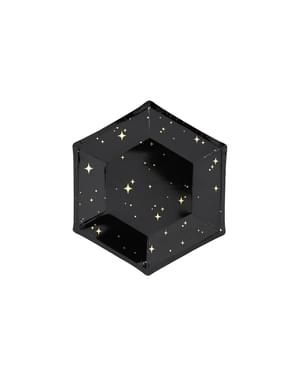 Комплект от 6 черни хартиени чинии със златни звезди - новогодишна колекция