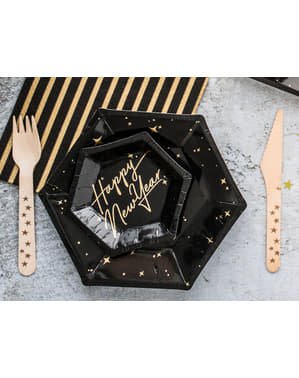 Set of 6 Black Paper Plates with Gold Stars - New Year's Eve Collection