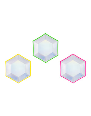 Set 6 Pelat Kertas Holografik Hexagon dengan Pelek Berwarna-warni - Electric Hoo