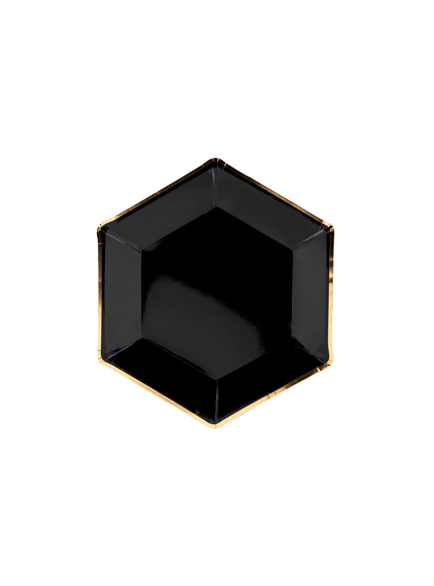 6 piatti pentagonali neri con bordi dorati di carta (23 cm) - Gold 30th Birthday