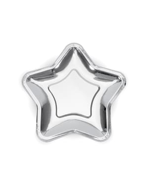 6つ星の形をした紙皿、銀 - プリンセスパーティーのセット