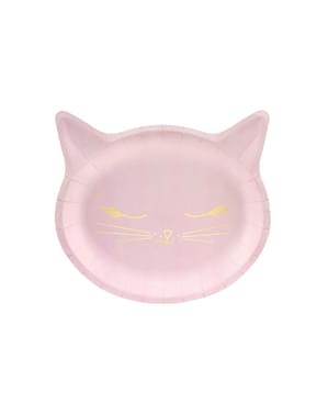 6 pratos rosa com forma de gato de pape (22x20 cm) - Meow Party