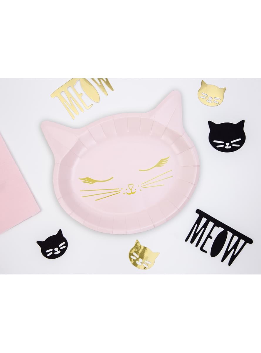 6 Katteformede Papirtallerkner, Pin (22x20 cm) - Meow Party