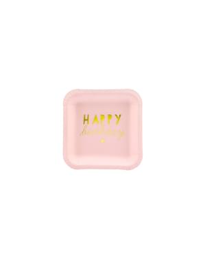 Set 6 Piring Kertas Persegi "Selamat Ulang Tahun", Pastel Pink & Gold