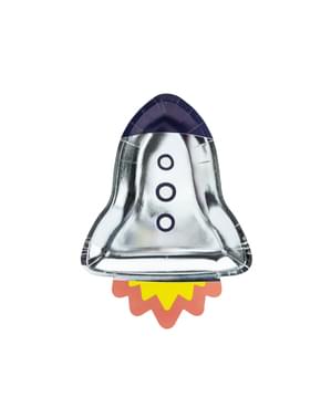 6 Rocket Shaped Silver Paper Plate (21,5x29,5 cm) - Space Party