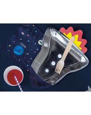 6 platos plateados con forma de cohete de papel (21,5x29,5 cm) - Space Party
