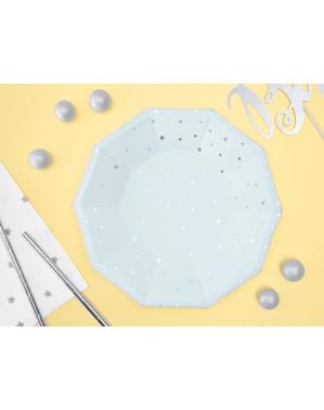 6 assiettes bleu pastel avec étoiles dorées en carton