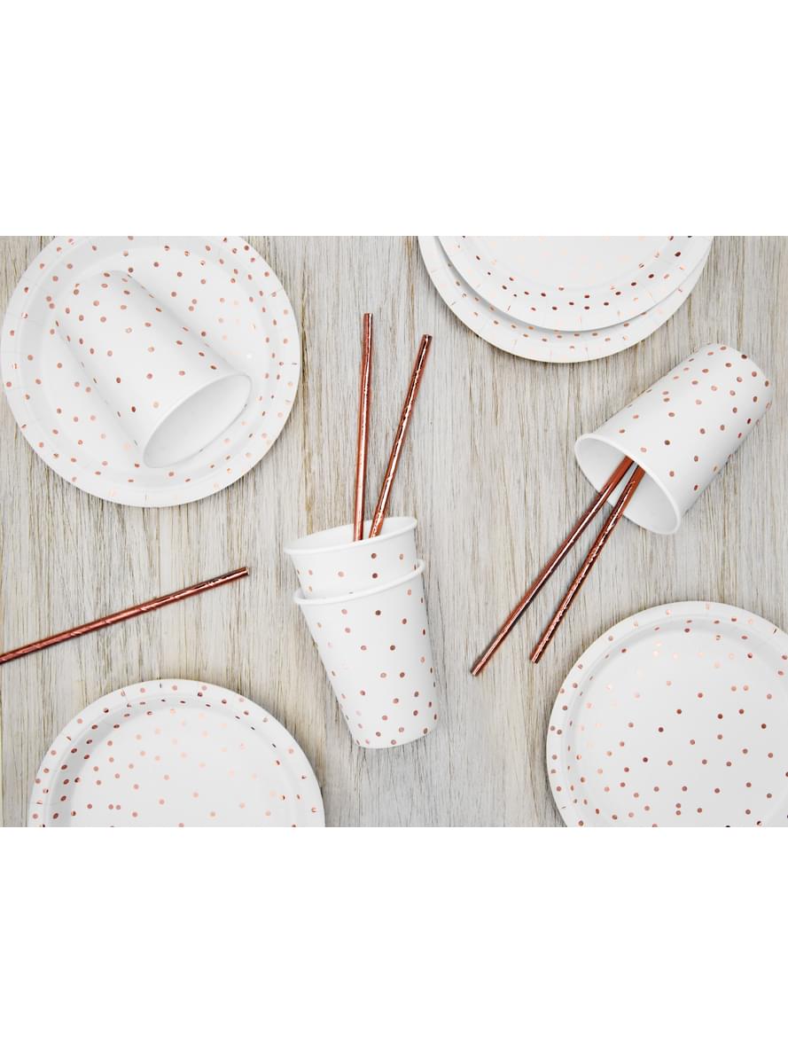 6 White Paper Plates with Rose Gold Dot (18 cm) - Polka Dots Collection