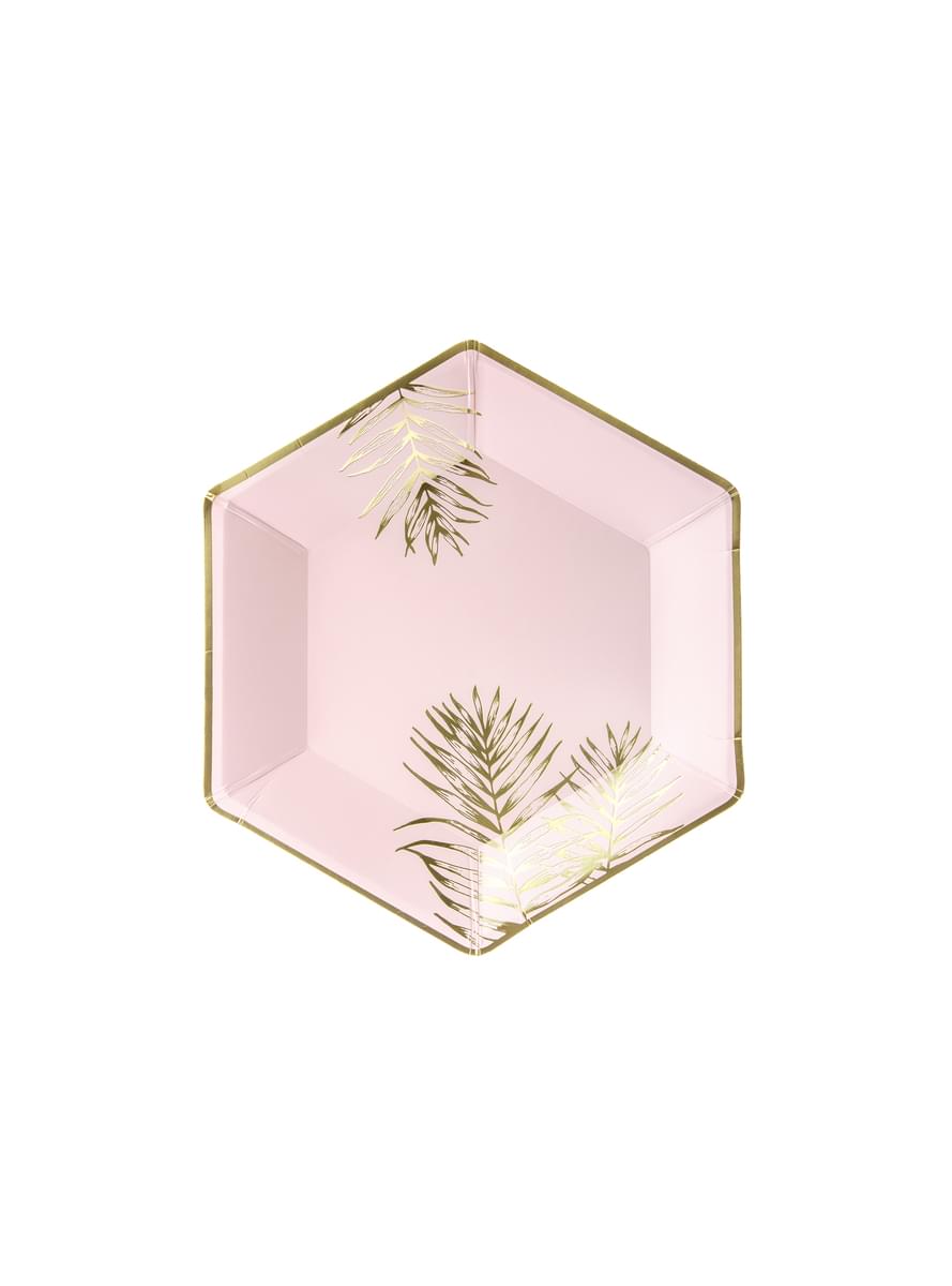 6 assiettes pentagonales roses avec feuilles dorées en carton