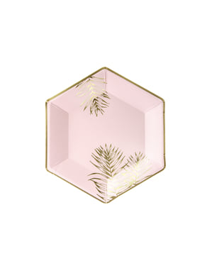 6 pratos pentagonais cor-de-rosa com folhas douradas de papel (23 cm)