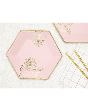 6 assiettes pentagonales roses avec feuilles dorées en carton