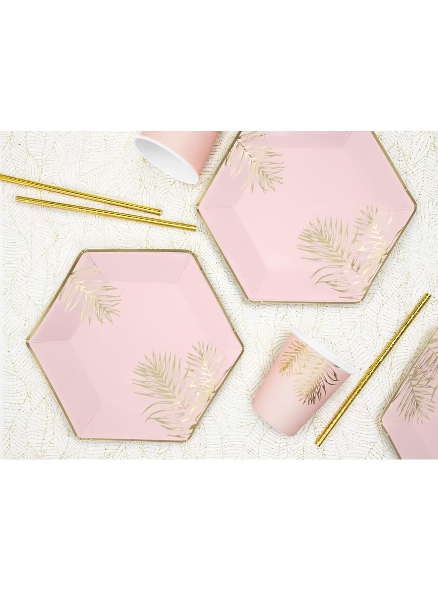 6 Sekskantede Papirtallerkner med Guld Blade, Pink (23 cm)