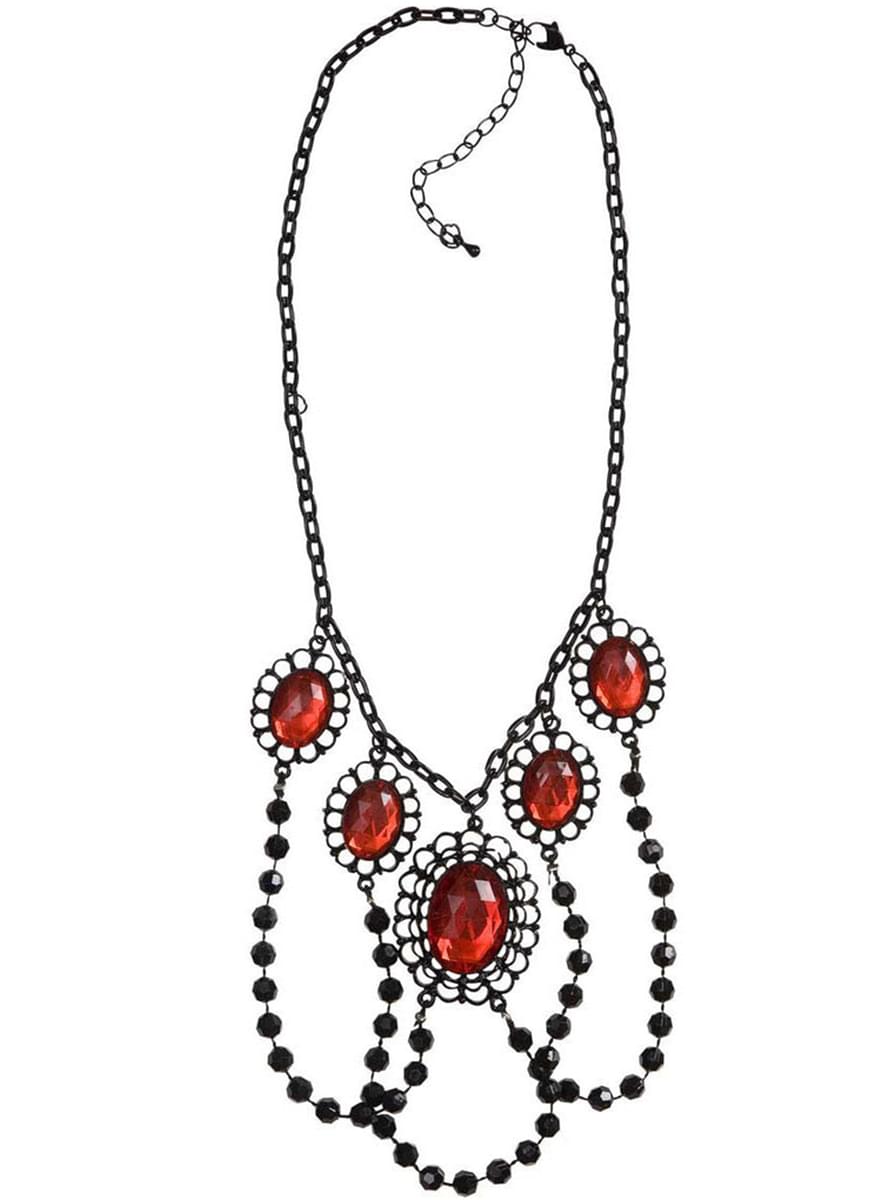 Collar de perlas negras con piedras rojas para mujer