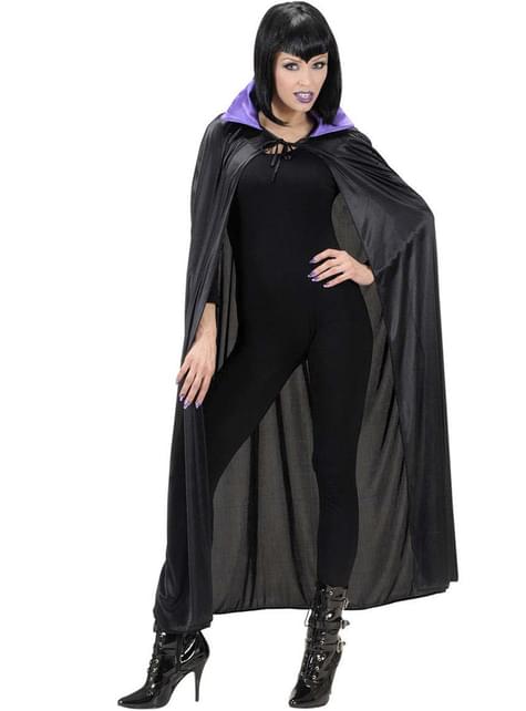 Unisex musta viitta with purppuranvärisellä satiinikauluksella