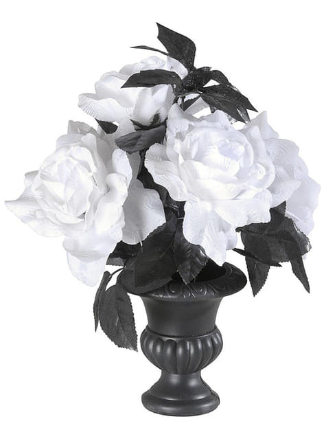 Bunt leuchtende Vase mit 6 weißen Rosen
