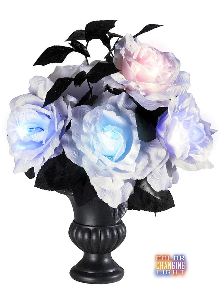 Florero con 6 rosas blancas con luces multicolores