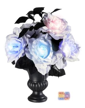 Florero con 6 rosas blancas con luces multicolores