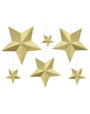 6 Assorted Hanging Star Decorations, Gold - Christmas