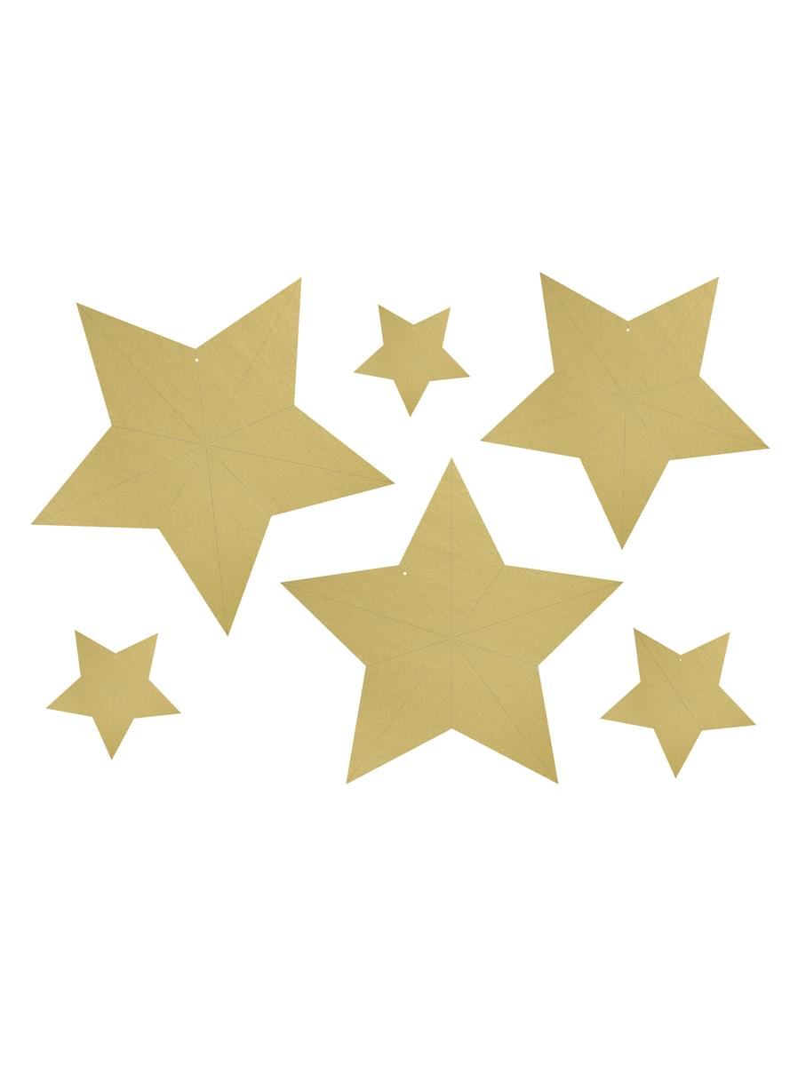 6 Assorted Hanging Star Decorations, Gold - Christmas